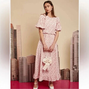 Sister Jane City Flowers Midi Dress Puff Sleeves Floral Pink Size S
